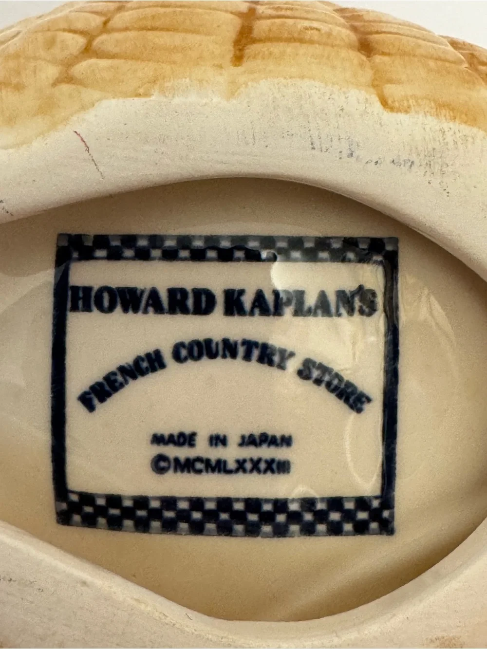 Vintage Howard Kaplan’s Porcelain Pig Woven Tan Basket Trinket/Soap Dish